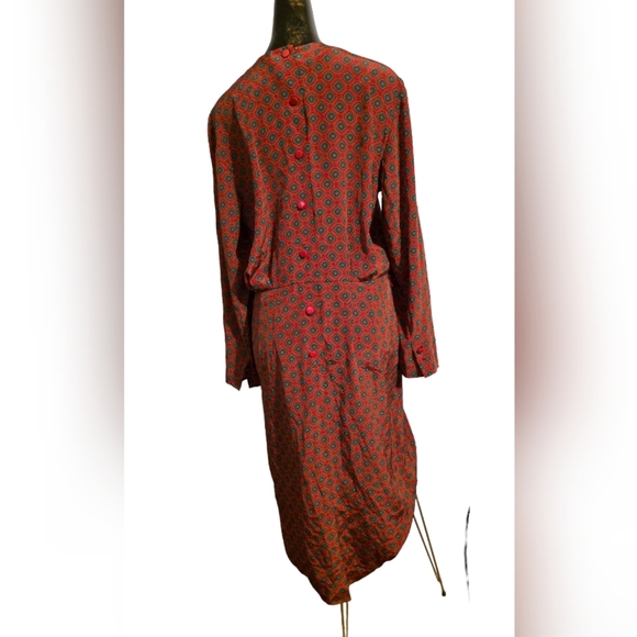 Vintage Liz Claiborne Long Sleeve Midi Dress Size 14 Red Green Patterned Pockets - Picture 2 of 12